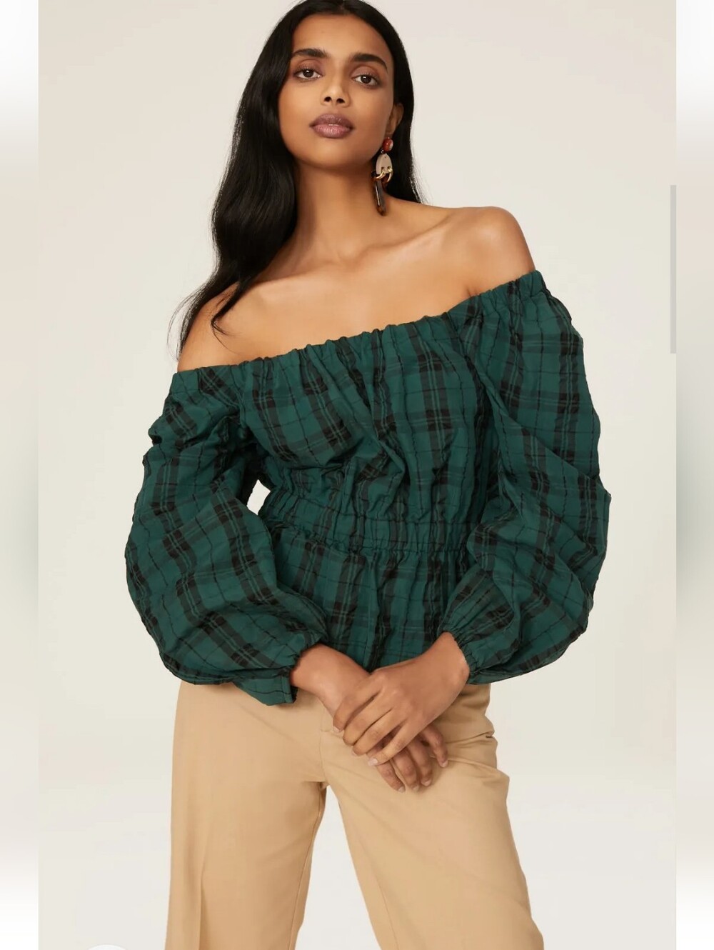 Tanya Taylor Georgetta Green Plaid Peasant Babydoll Top Size 1X